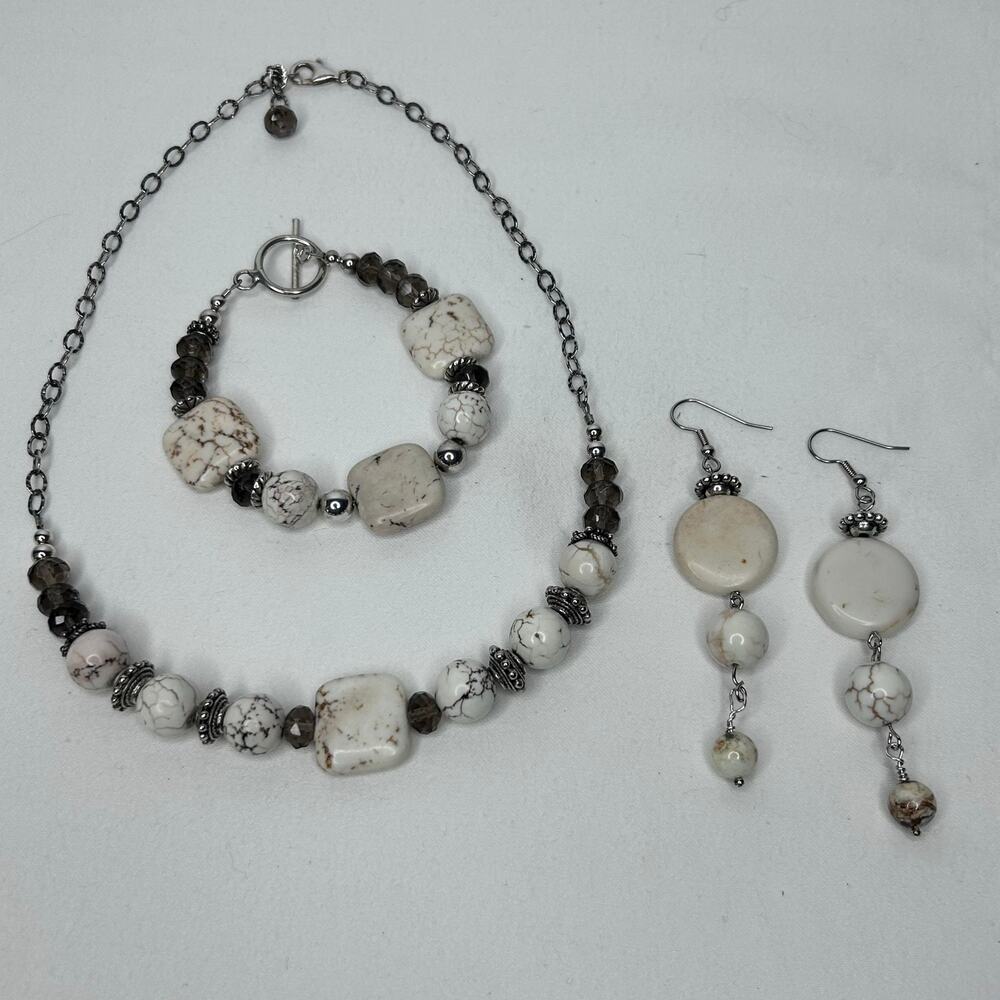 OOAK Handmade White Turquoise Swarovski Crystal Silver Jewelry Set
